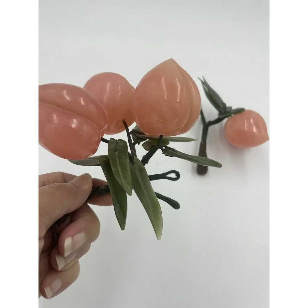 Vintage MCM Green‎ Jade & Rose Quartz Plum Branches With Jade Leaves Set of 2